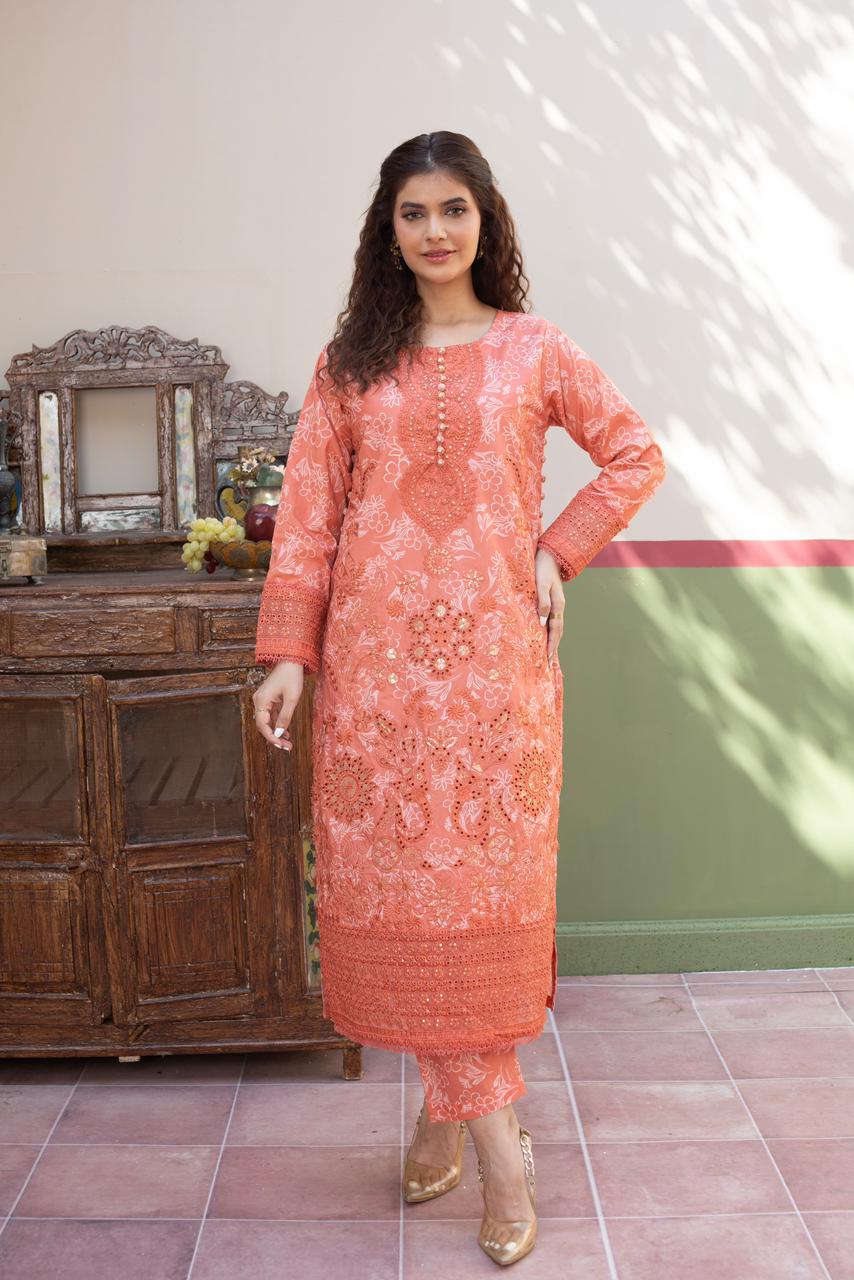 3 Piece Luxury Embroidered Cambric Coral Pink Suit