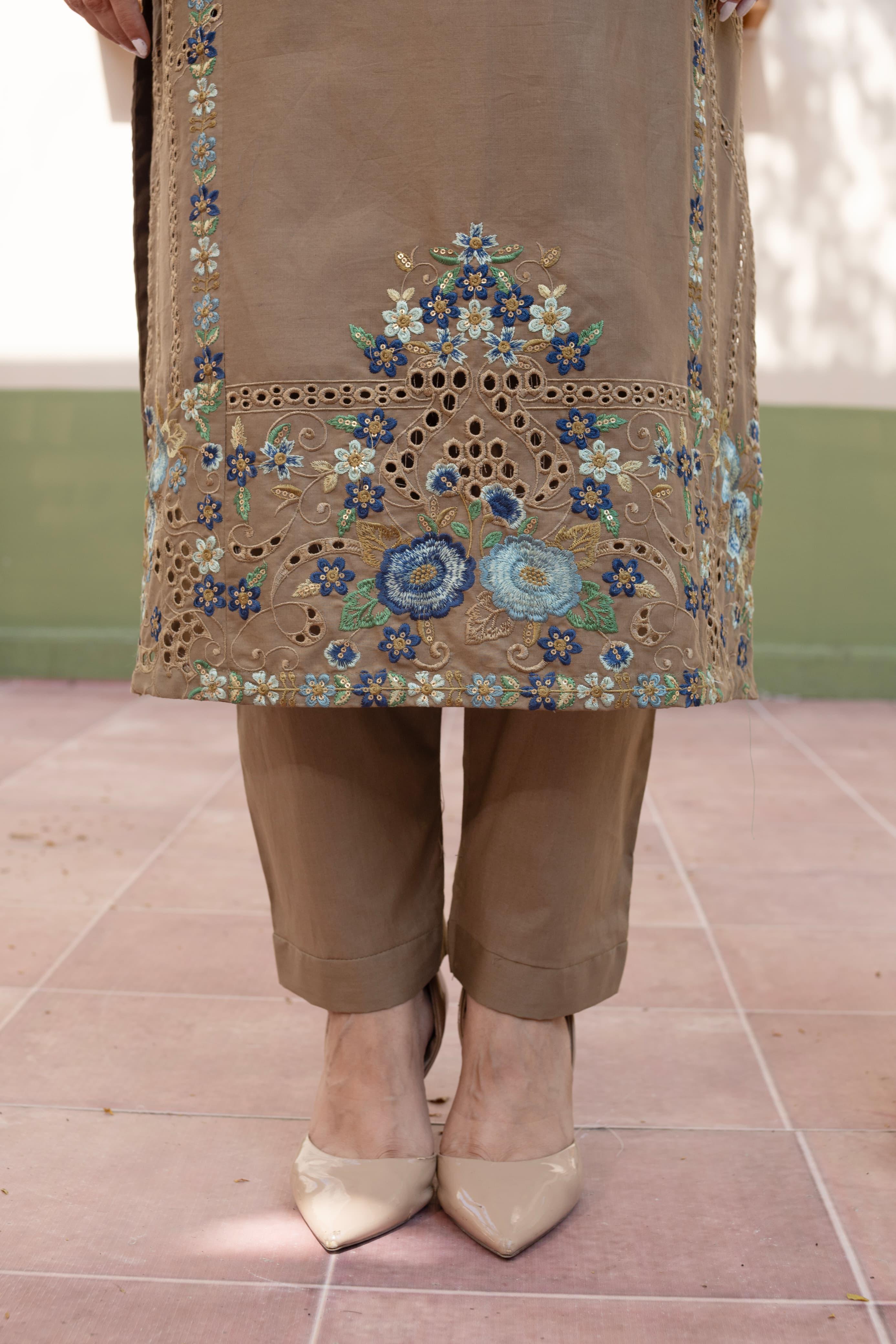 Light Brown Embroidered Cambric 3Pc with Chikankari Work, Sequin Detailing & Monaar Dupatta