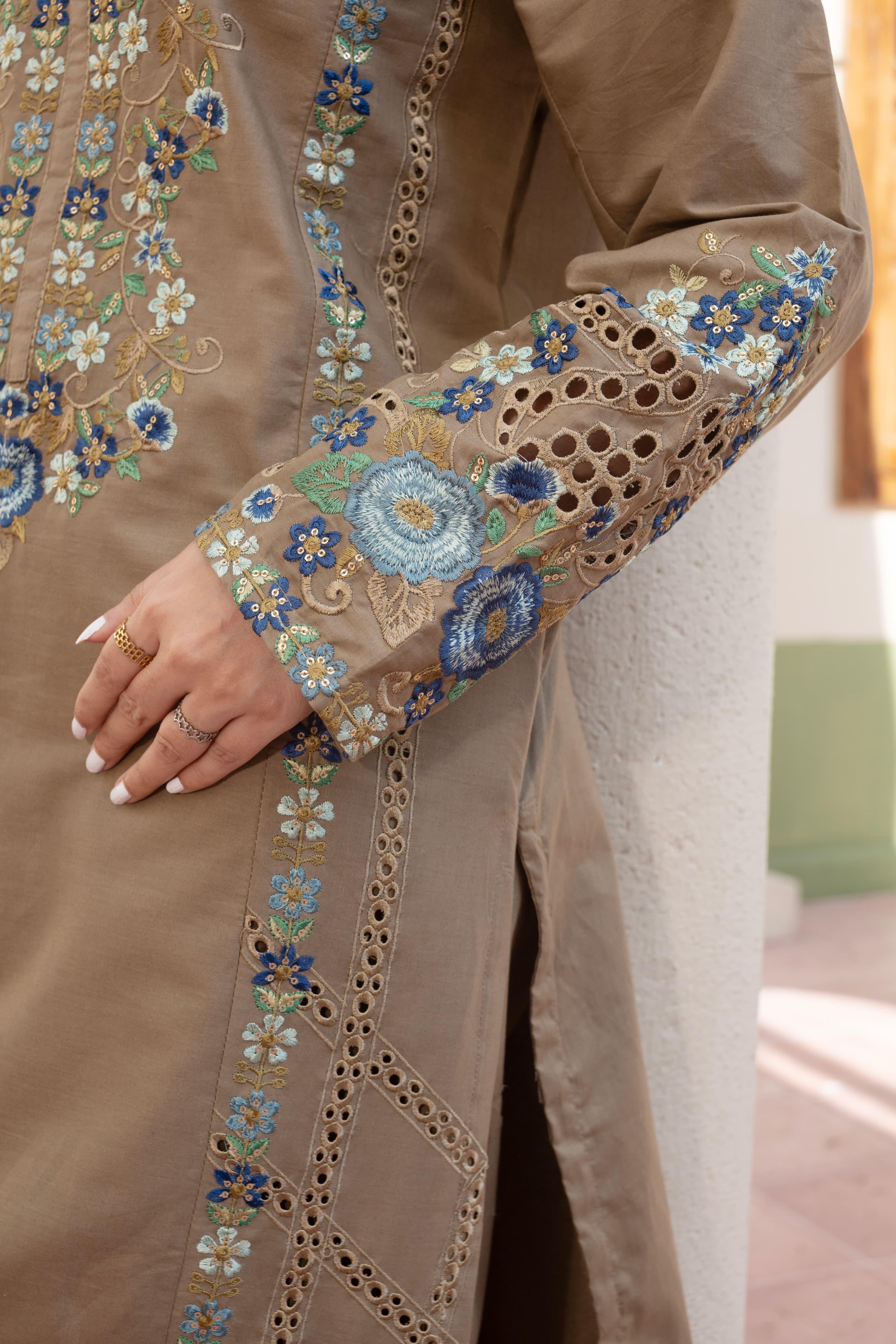 Light Brown Embroidered Cambric 3Pc with Chikankari Work, Sequin Detailing & Monaar Dupatta