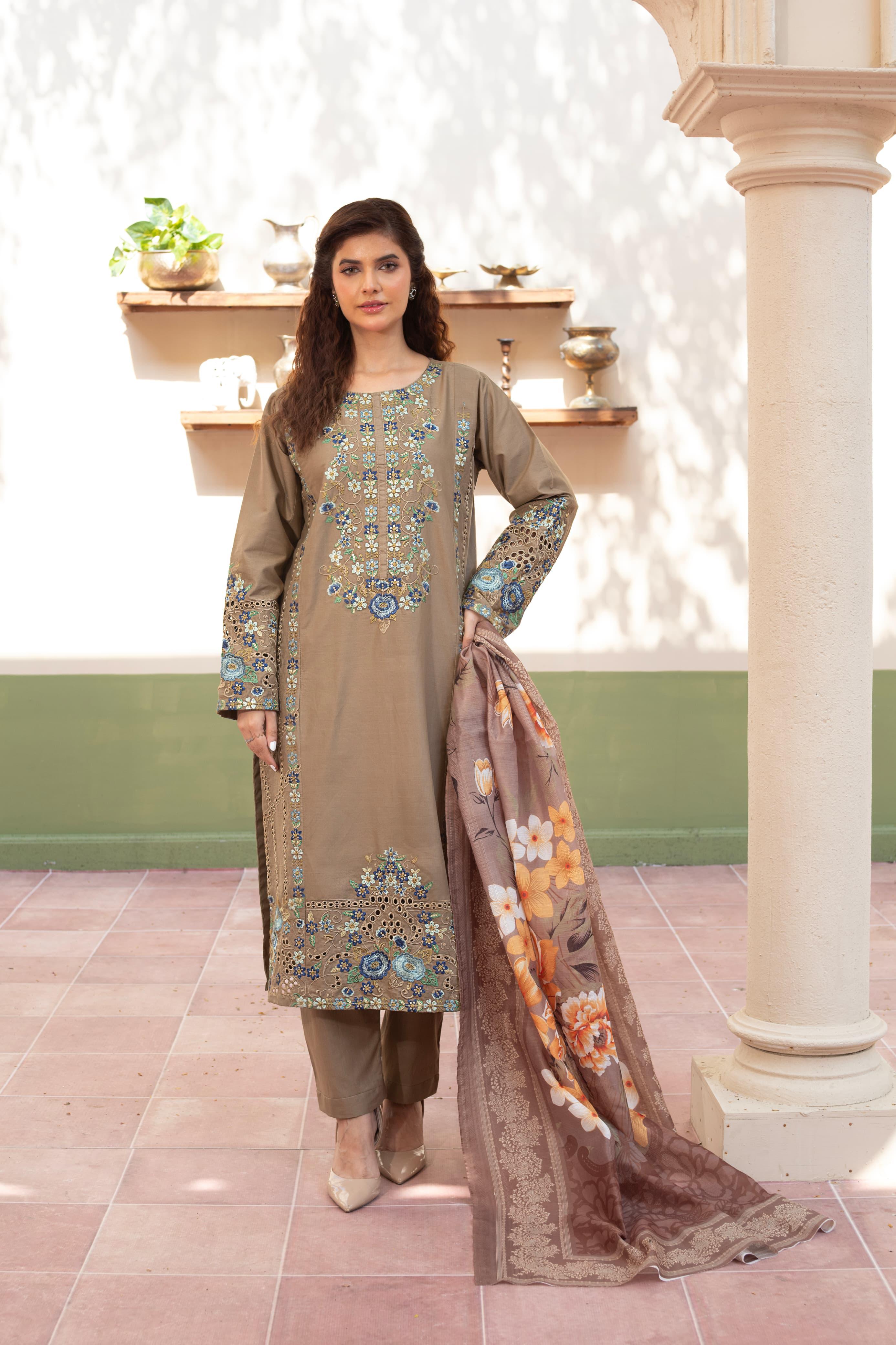 Light Brown Embroidered Cambric 3Pc with Chikankari Work, Sequin Detailing & Monaar Dupatta