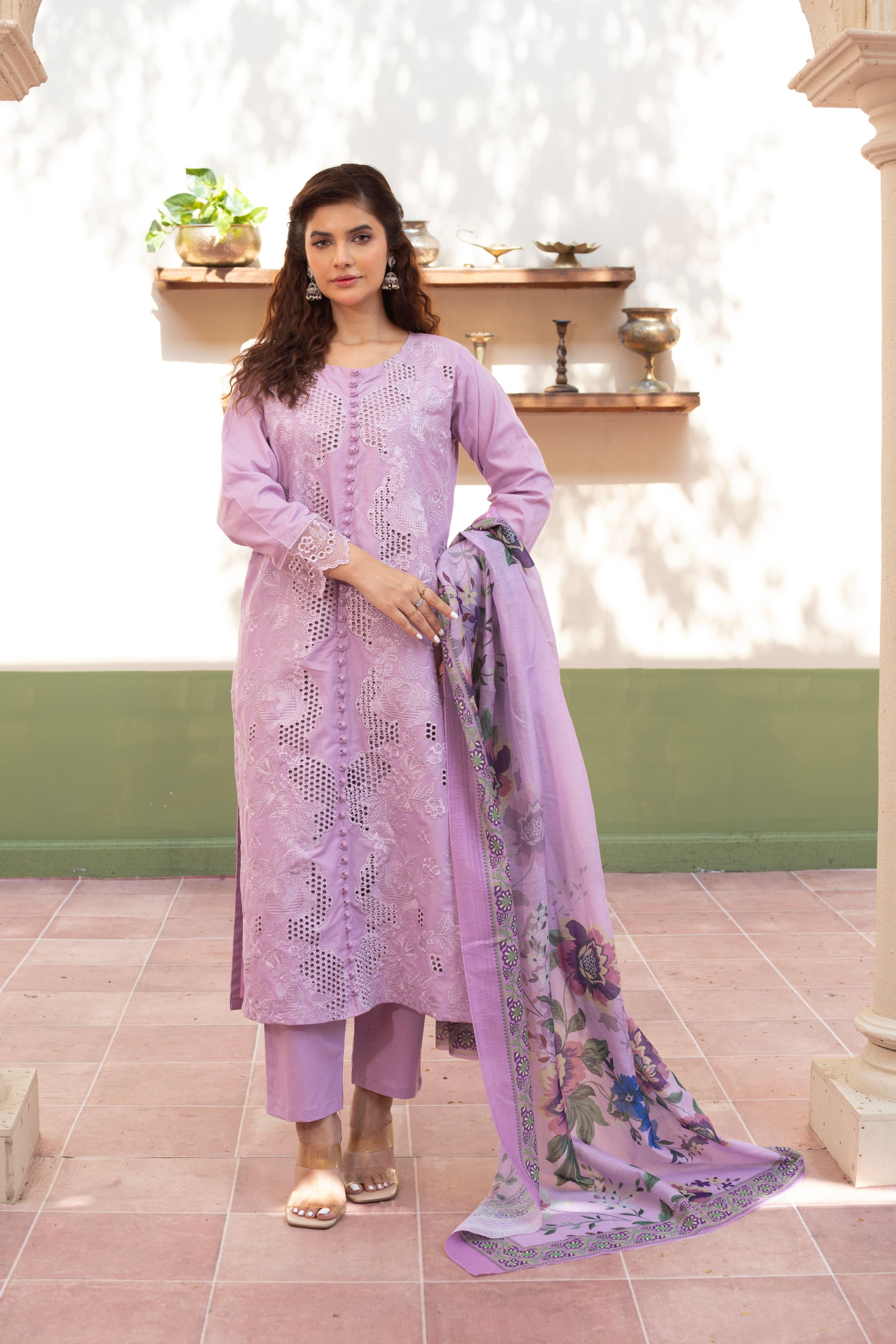 3 Piece Luxury Chikankari Cambric Lavender Suit