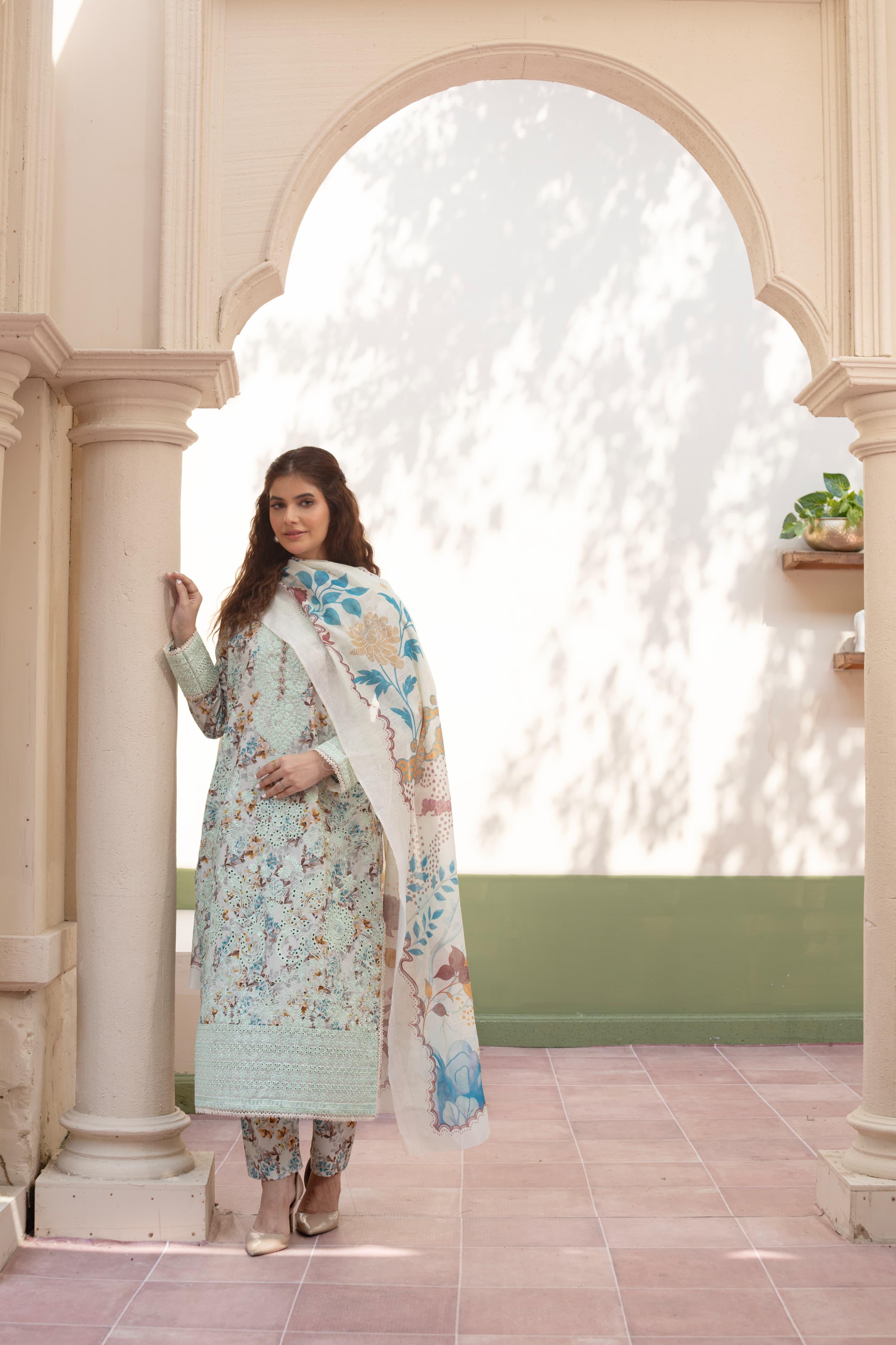 3 Piece Luxury Embroidered Cambric Pale Green Suit