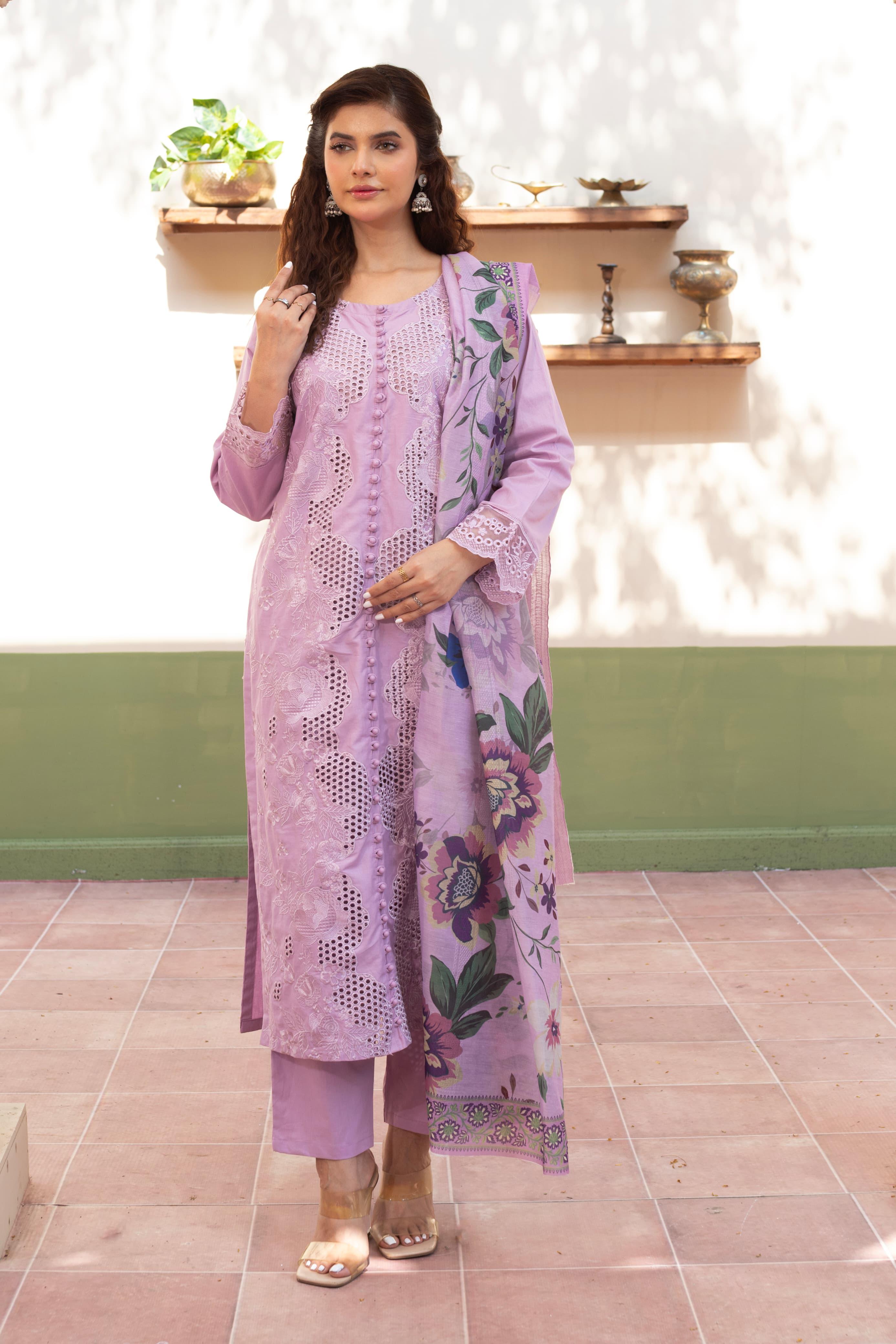3 Piece Luxury Chikankari Cambric Lavender Suit