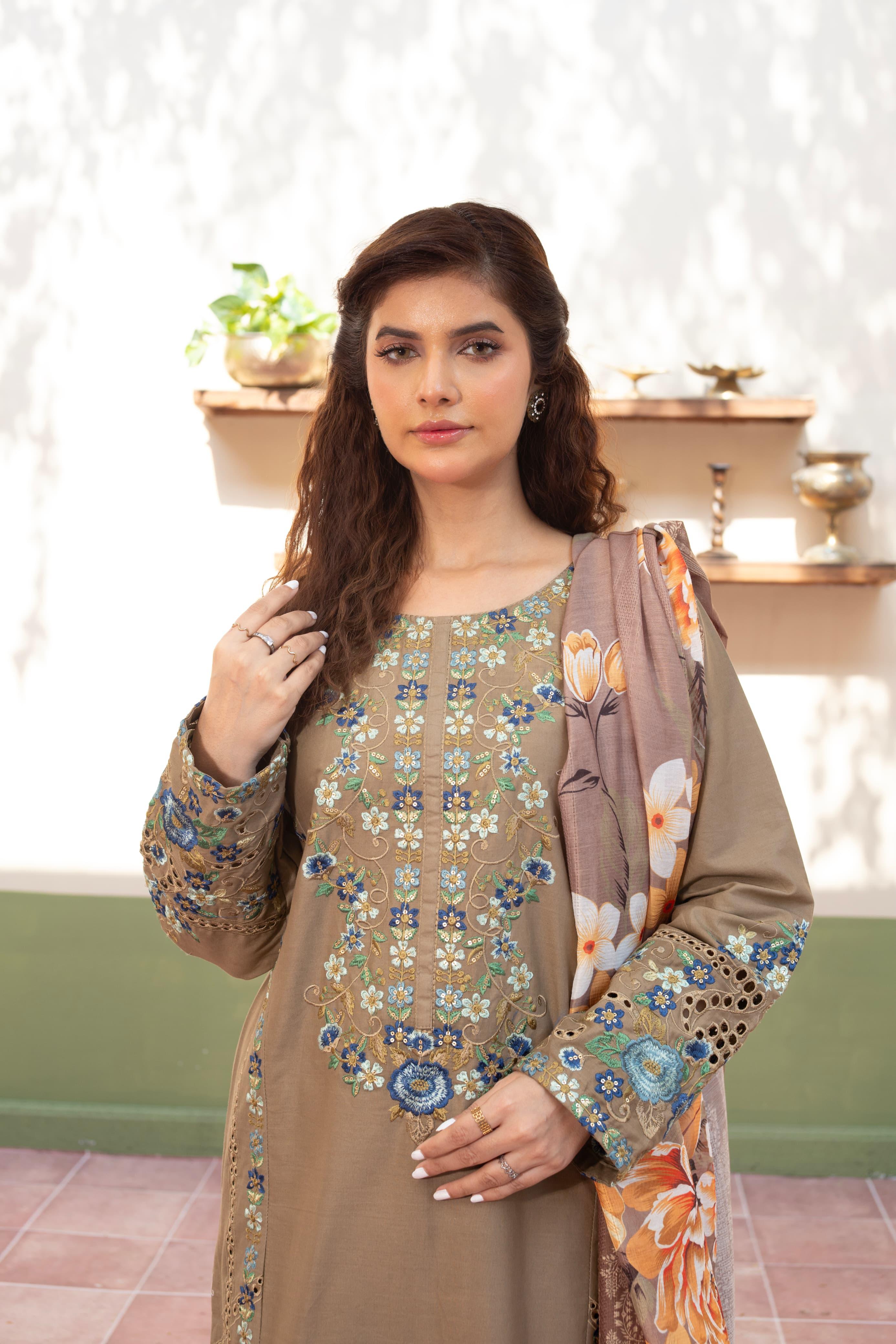 Light Brown Embroidered Cambric 3Pc with Chikankari Work, Sequin Detailing & Monaar Dupatta