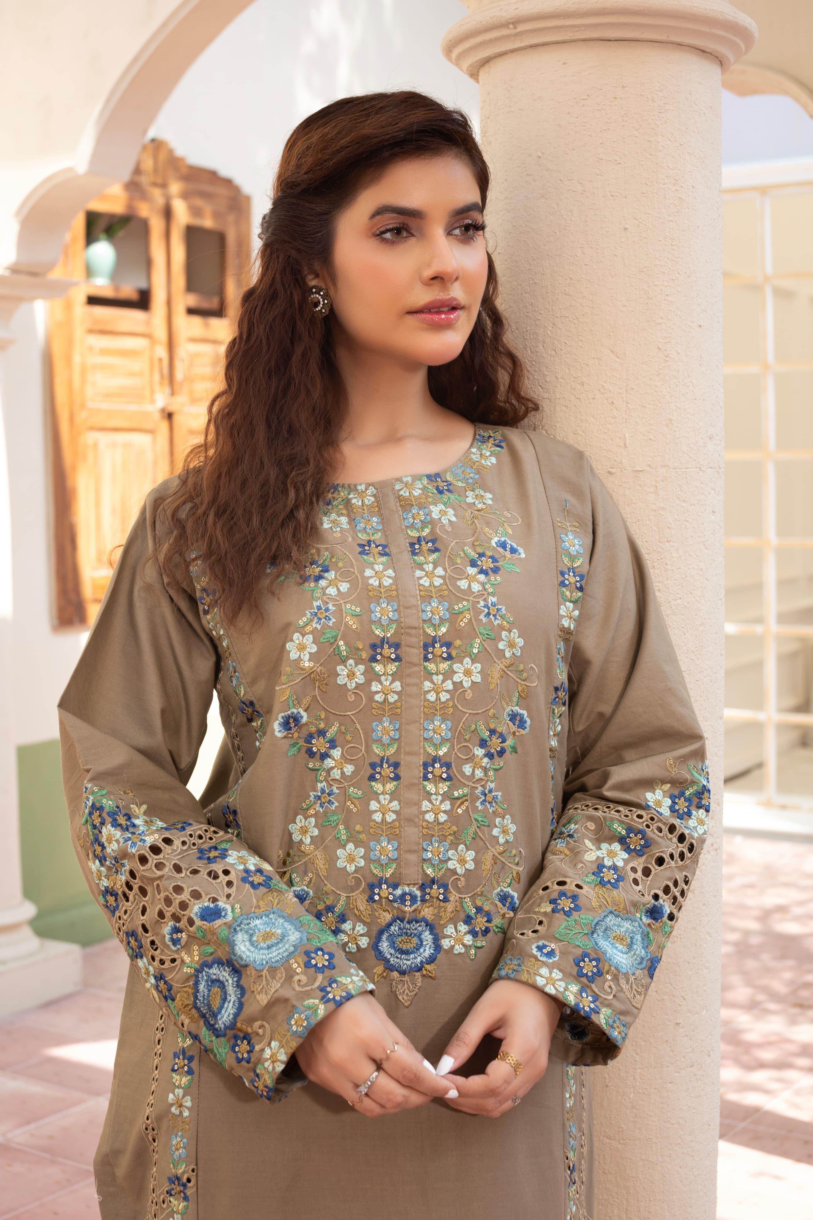 Light Brown Embroidered Cambric 3Pc with Chikankari Work, Sequin Detailing & Monaar Dupatta