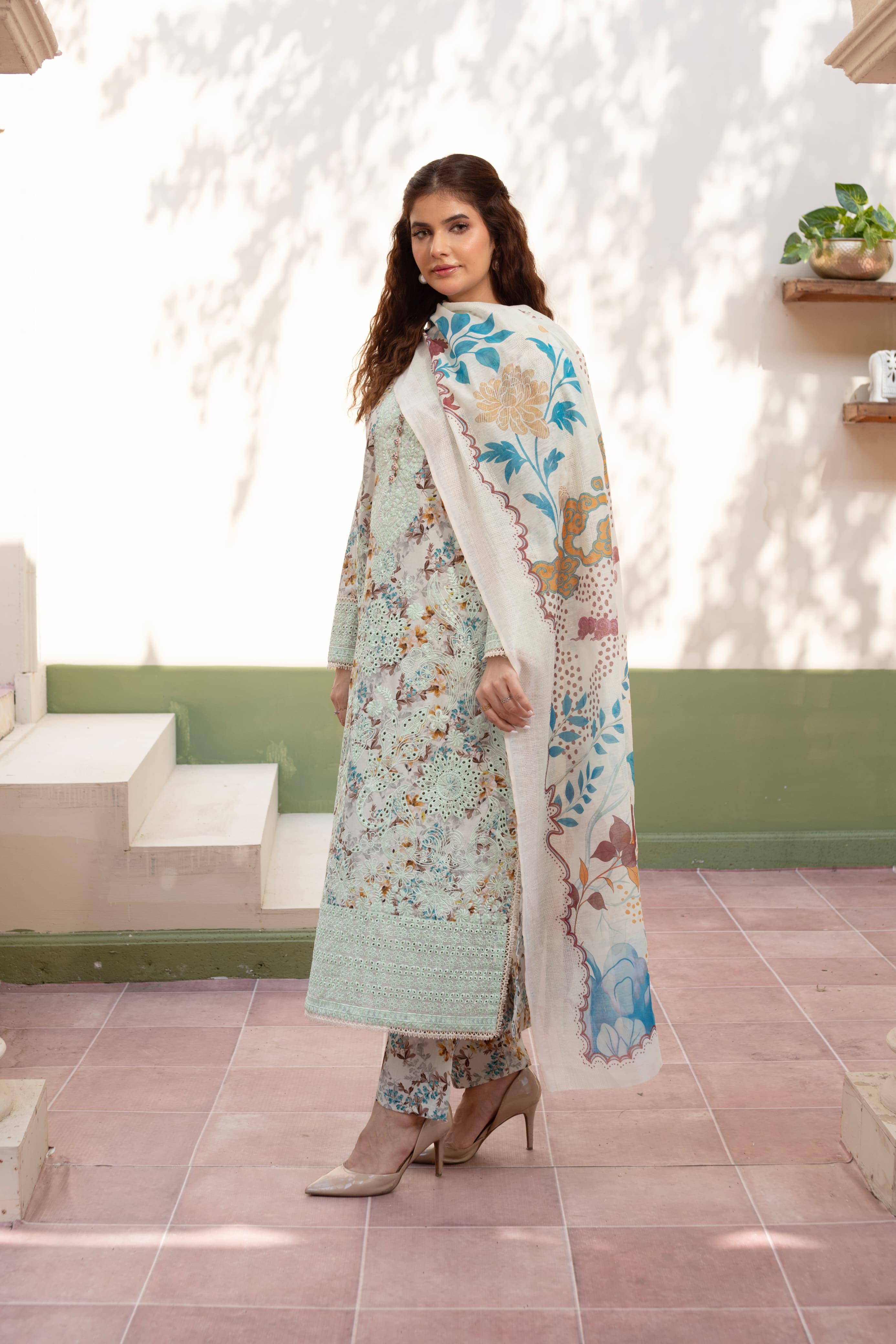 3 Piece Luxury Embroidered Cambric Pale Green Suit