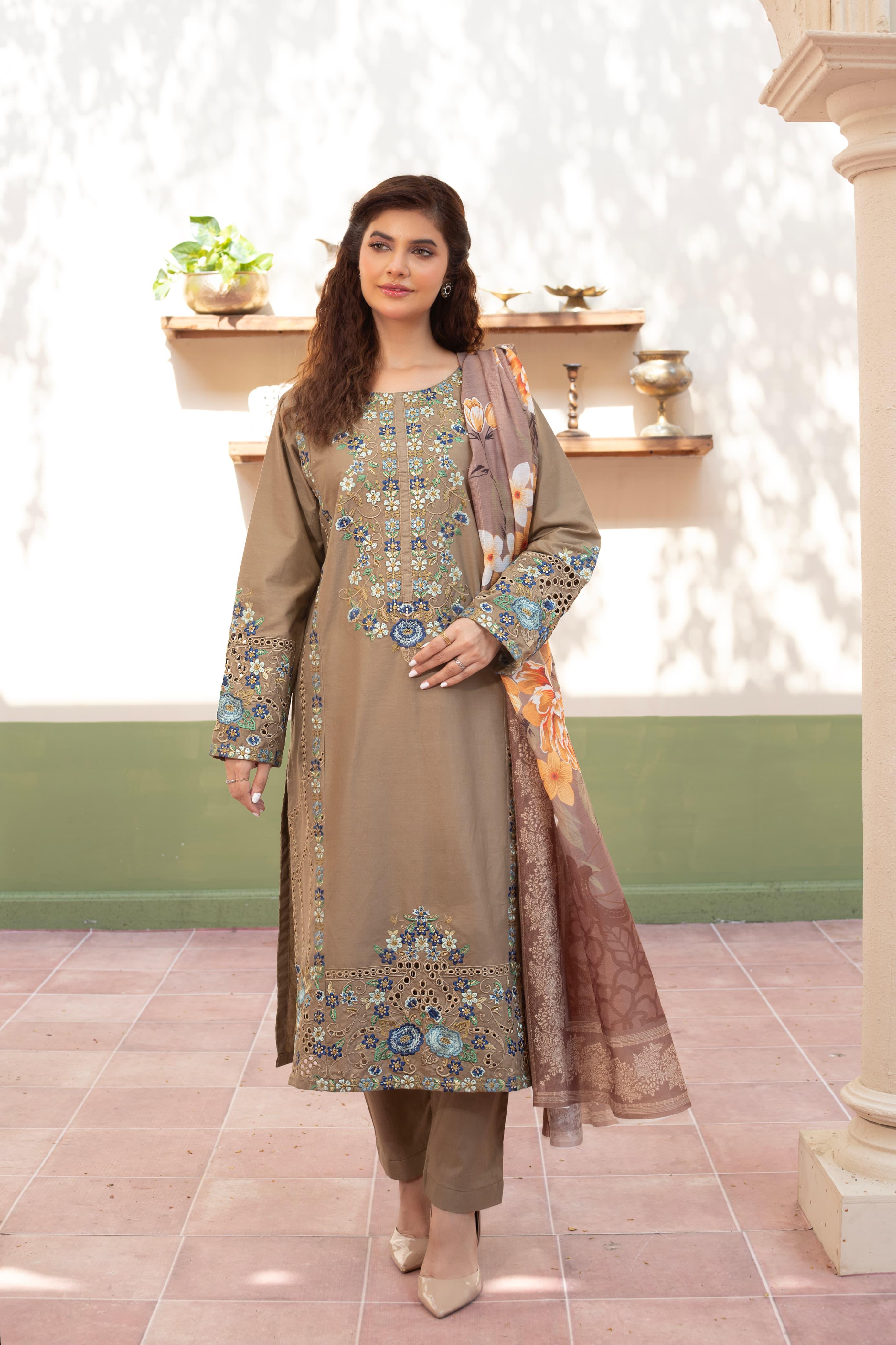 Light Brown Embroidered Cambric 3Pc with Chikankari Work, Sequin Detailing & Monaar Dupatta