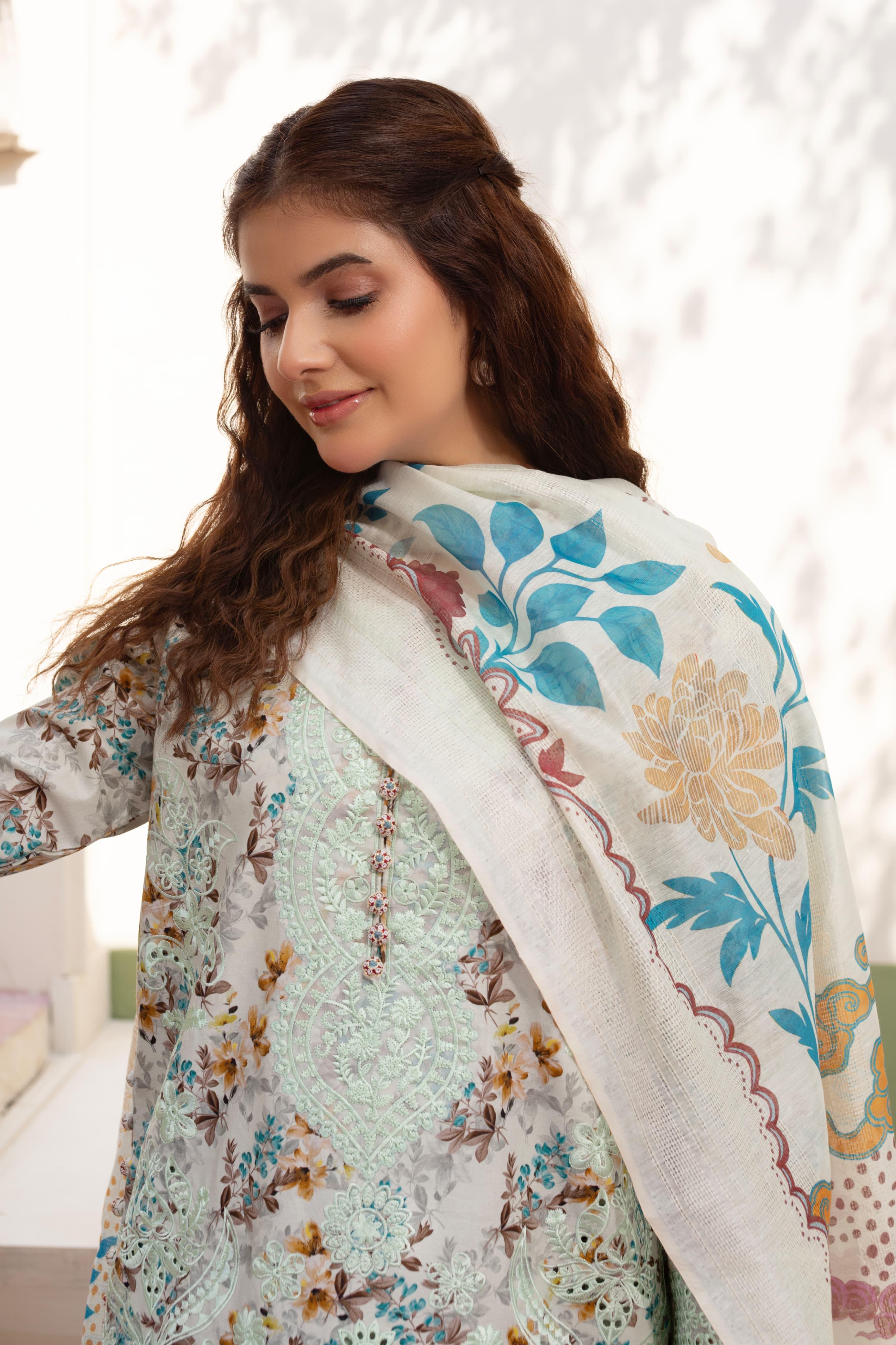 3 Piece Luxury Embroidered Cambric Pale Green Suit