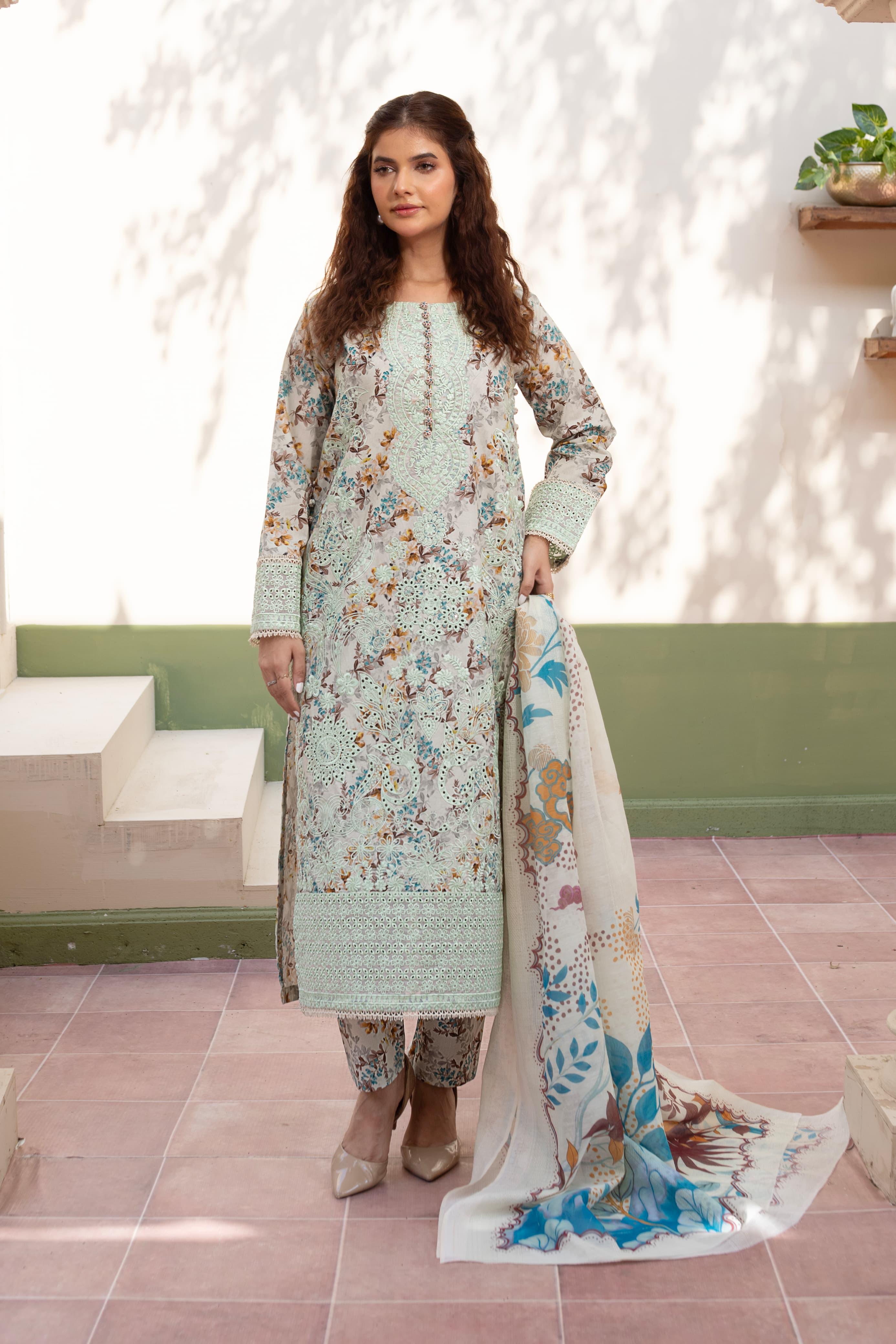 3 Piece Luxury Embroidered Cambric Pale Green Suit