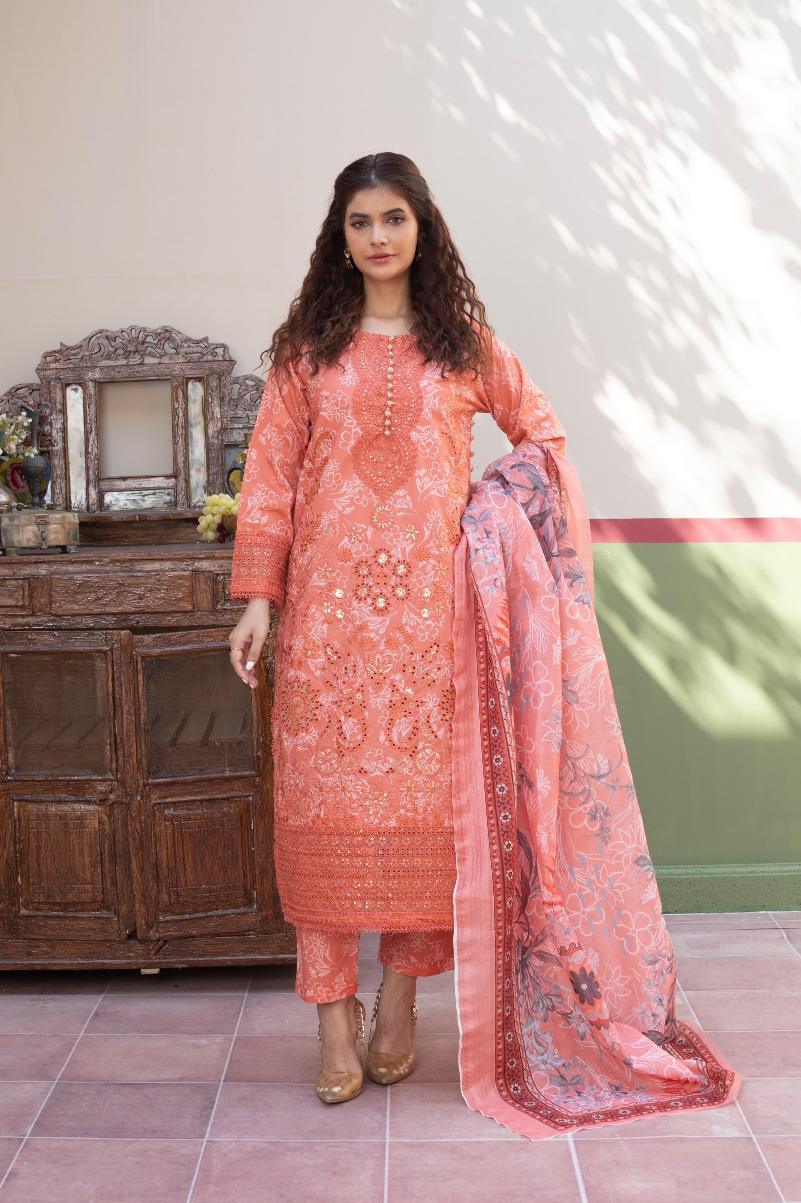 3 Piece Luxury Embroidered Cambric Coral Pink Suit