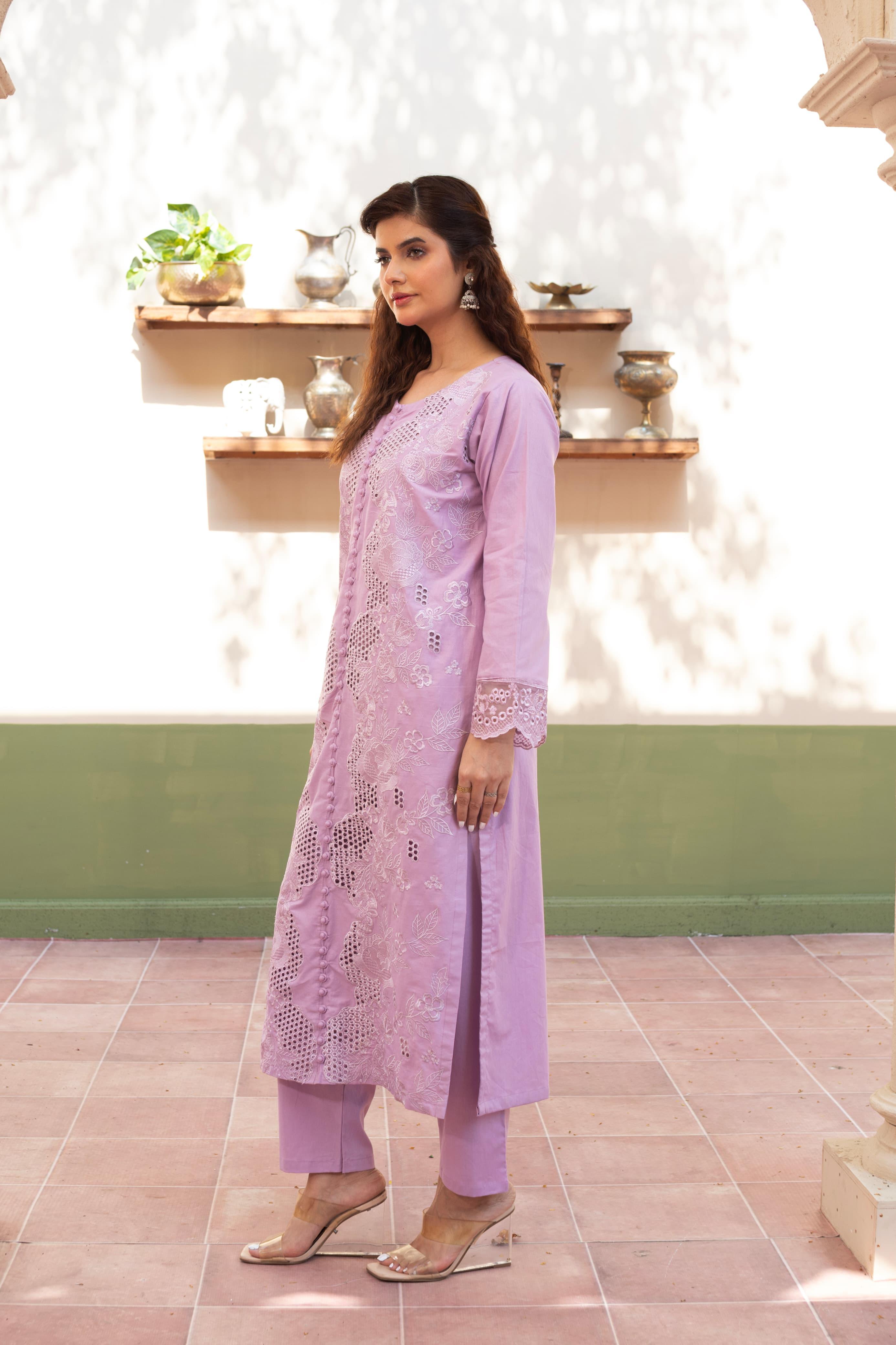 3 Piece Luxury Chikankari Cambric Lavender Suit