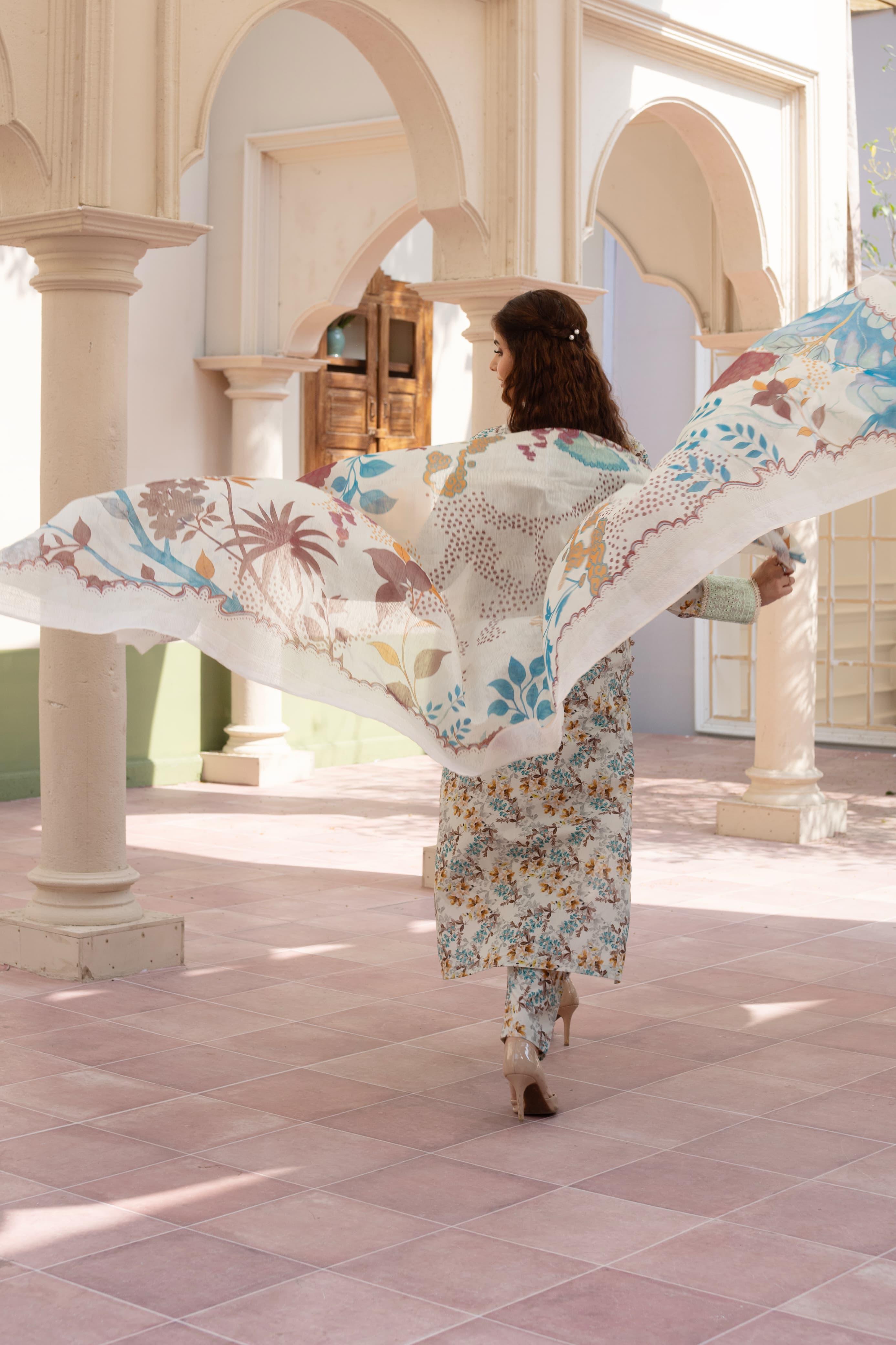 3 Piece Luxury Embroidered Cambric Pale Green Suit