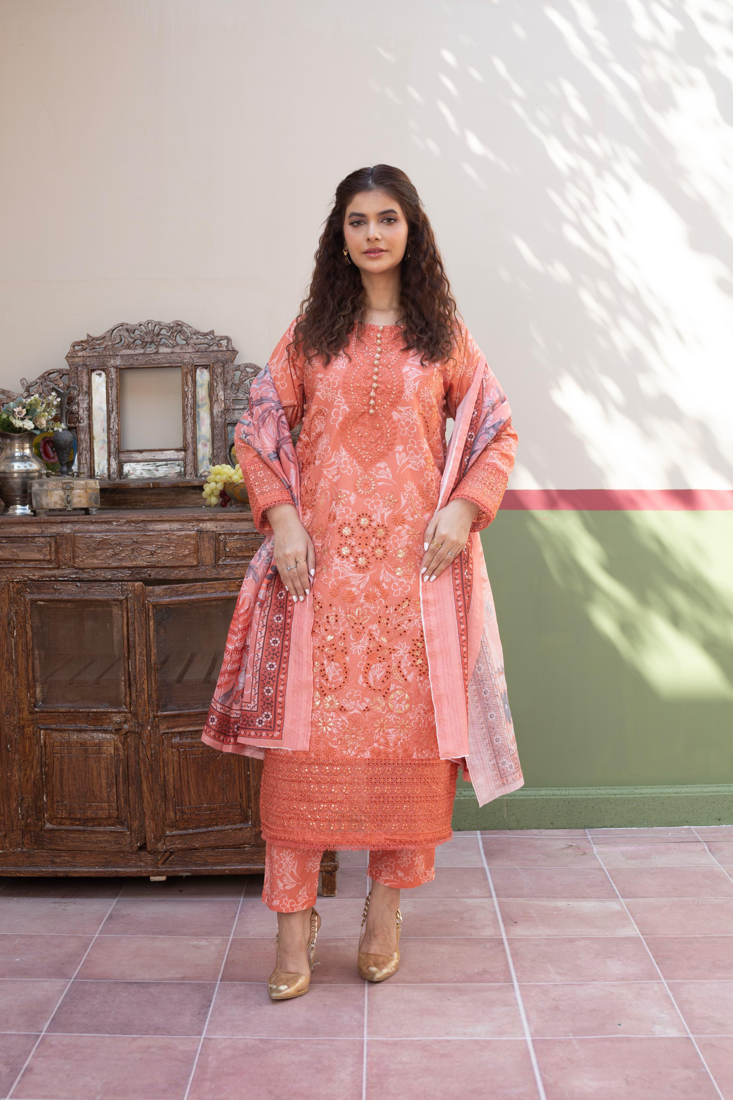 3 Piece Luxury Embroidered Cambric Coral Pink Suit