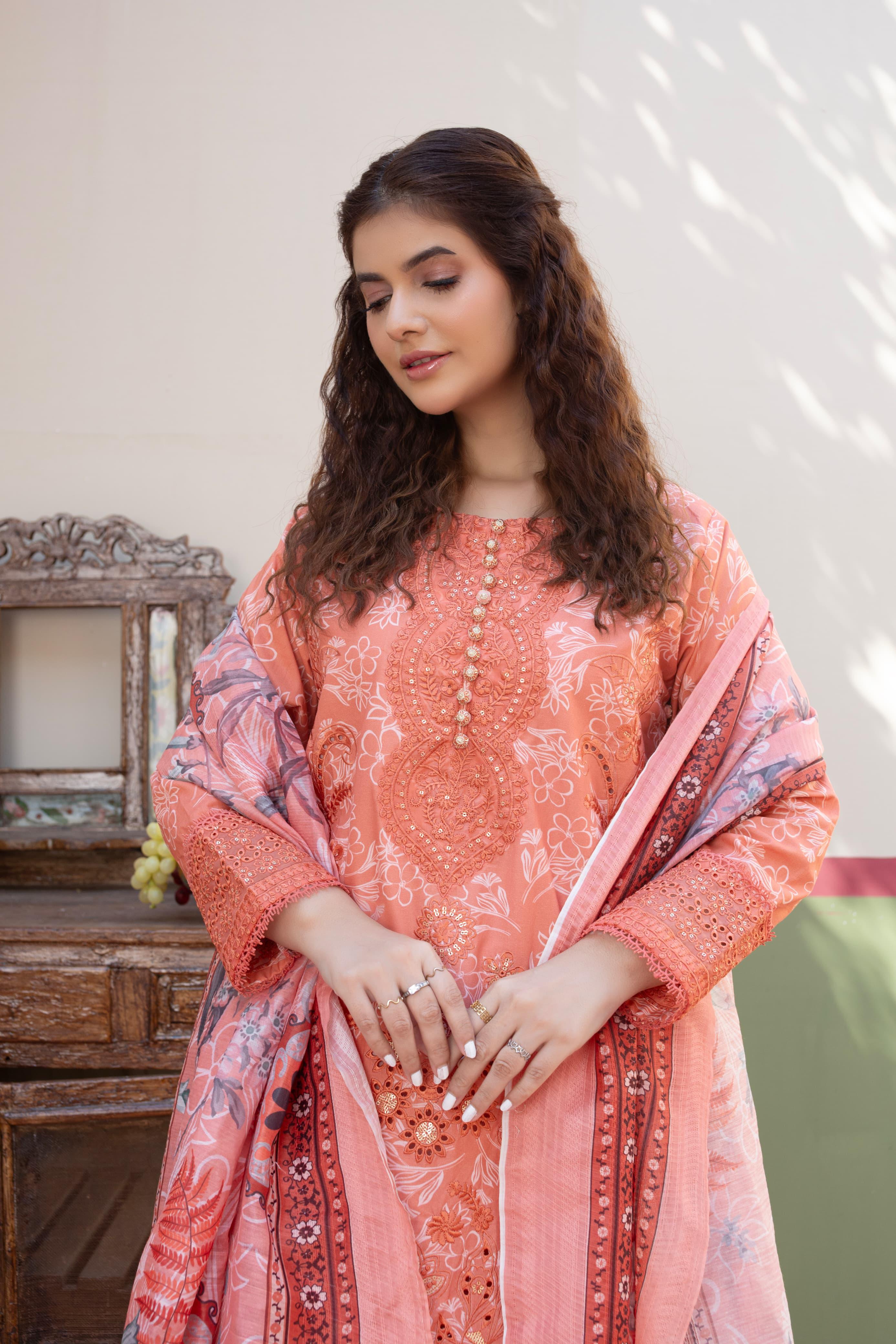 3 Piece Luxury Embroidered Cambric Coral Pink Suit