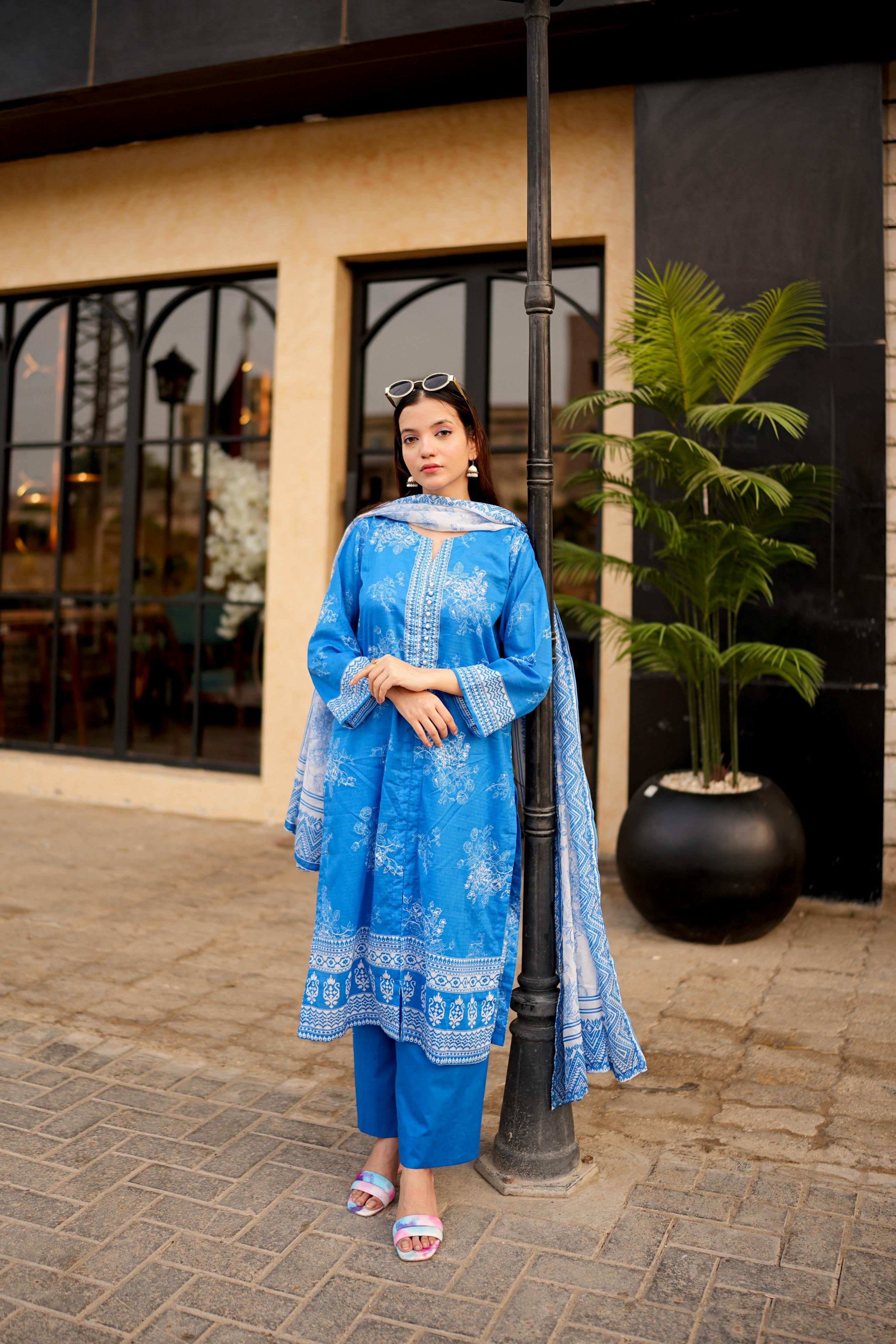 Doria Lawn 3-Piece Suit with Embellished Neck & Printed Dupatta
