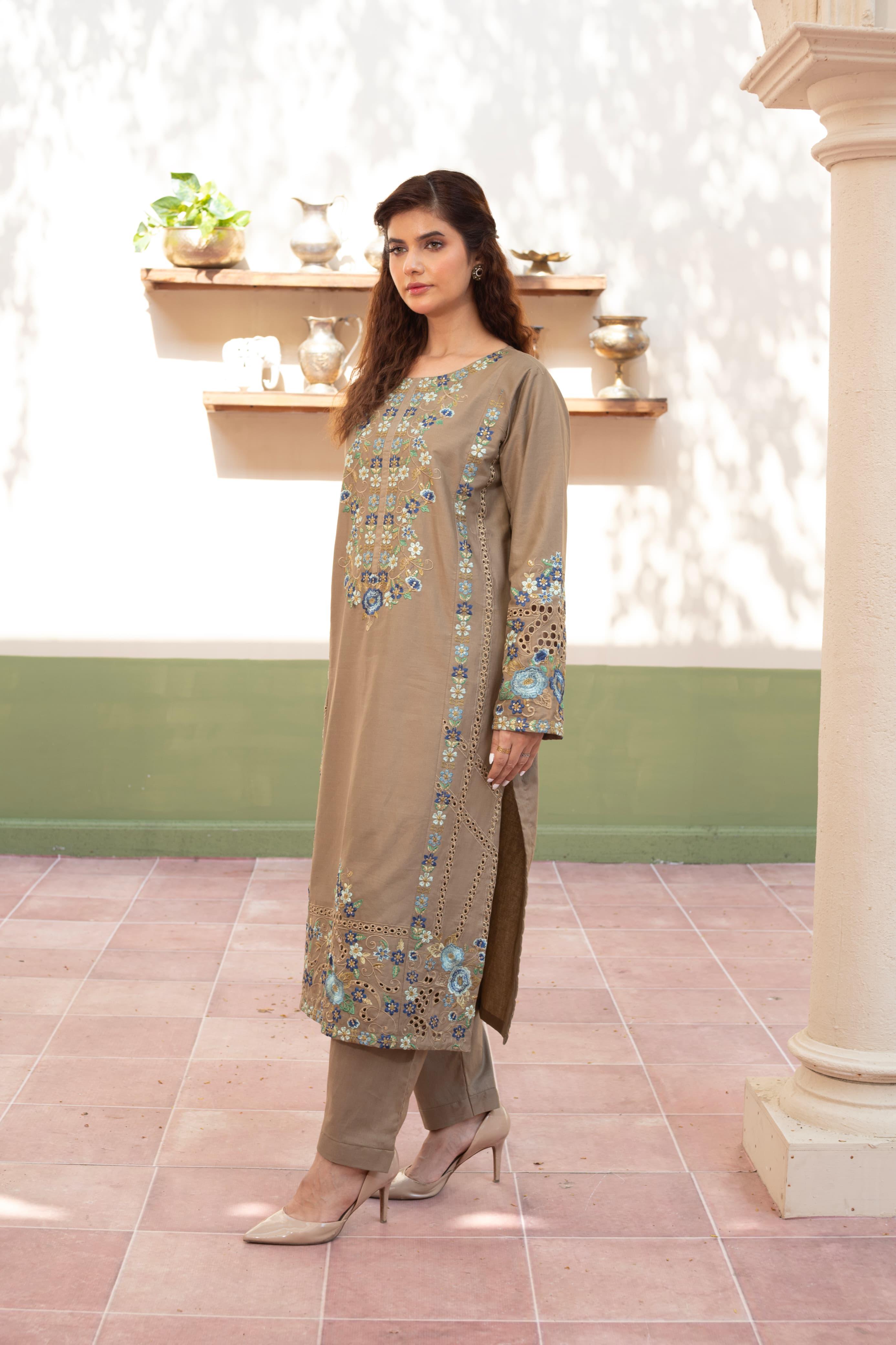 Light Brown Embroidered Cambric 3Pc with Chikankari Work, Sequin Detailing & Monaar Dupatta